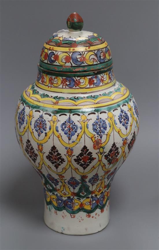 A 19th century Maiolica vase and cover height 39cm